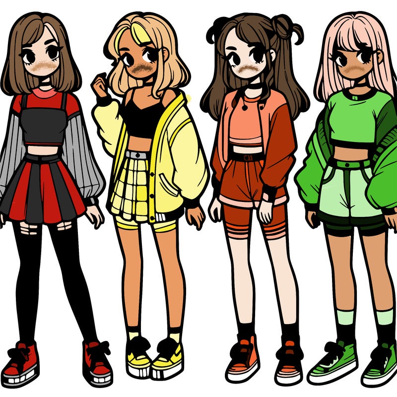 one girl with crop-top shirt and a jacket with a skirt, long socks and another girl with a shirt and pants with a jacket