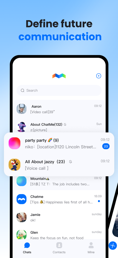 ChatMe - Chat with me - Smartphone screen showing the ChatMe app chat history list with multiple conversation threads and user profiles.