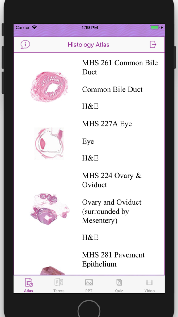 Histology Cell Tissue - Captura de tela do aplicativo Histologia Atlas mostrando uma lista de lâminas, incluindo Ducto Biliar Comum, Olho e Ovário com imagens microscópicas correspondentes.