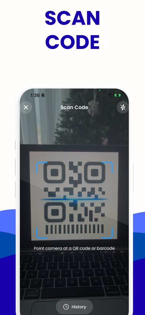 Mobile app interface showing a QR code being scanned with a camera viewfinder.