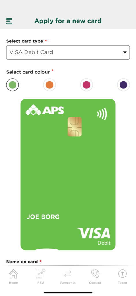 Application screen for a new VISA debit card in the myAPS banking app