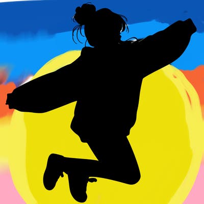 realistic girl jumping with a bun and oversized sweatshirt