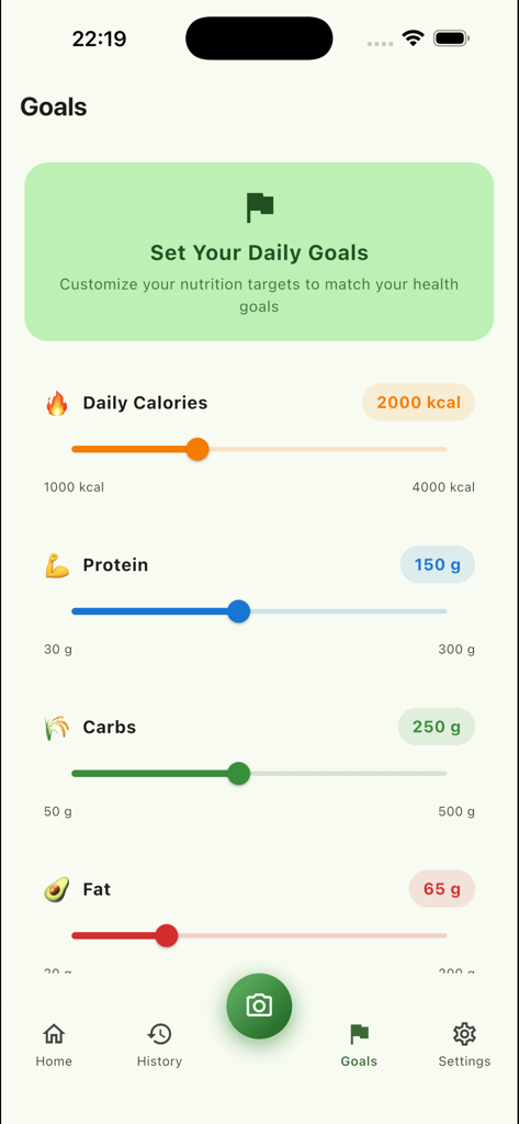 CalorAI – AI Calorie Tracker - Interface of CalorAI app for setting daily calorie and macronutrient goals including protein carbs and fat
