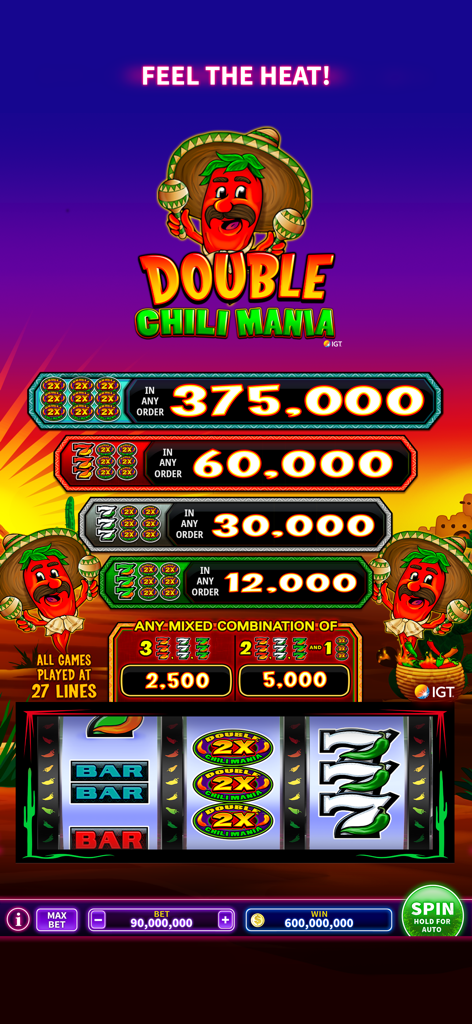 Mystic Slots® - Casino Games - Interfaz del juego de máquina tragamonedas Double Chili Mania en la aplicación Mystic Slots