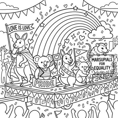 Hop into a celebration of love and diversity with this joyful coloring page featuring marsupials in a vibrant Pride parade. Adorable kangaroos, koalas, and an opossum champion equality under a festive rainbow.