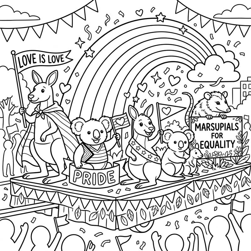 Hop into a celebration of love and diversity with this joyful coloring page featuring marsupials in a vibrant Pride parade. Adorable kangaroos, koalas, and an opossum champion equality under a festive rainbow.