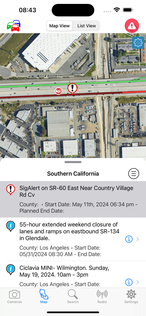 Live Traffic Cameras in CA - Satellite map view showing real-time traffic incidents and road closures in Southern California.