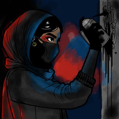 realistic girl with mask spray painting a wall