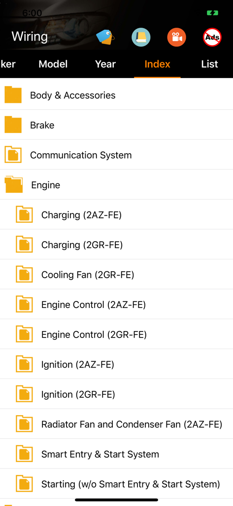Carmin app interface showing an index of automotive wiring diagrams categorized by engine brake and accessory systems