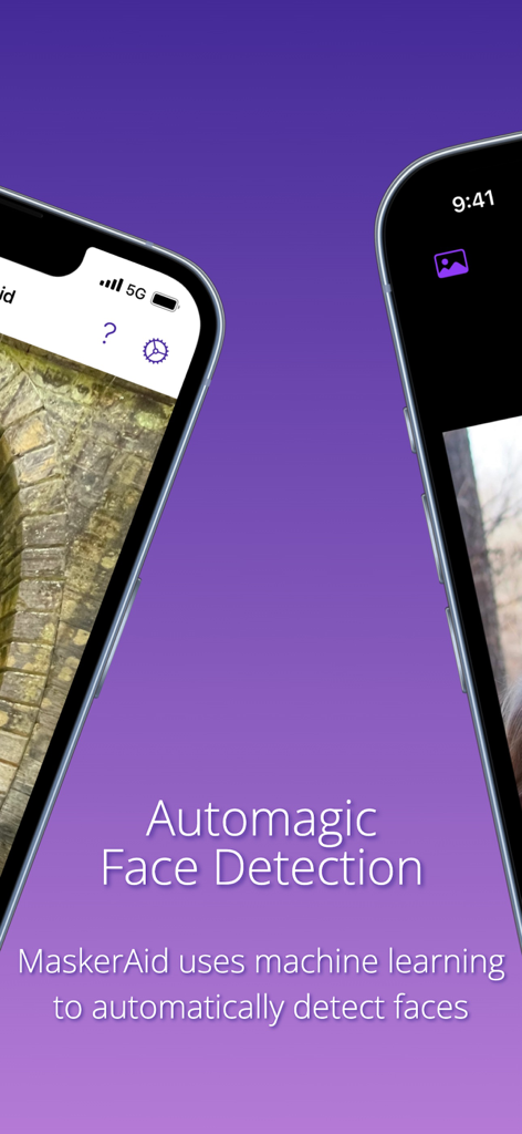 MaskerAid app screenshot showing automatic face detection using machine learning