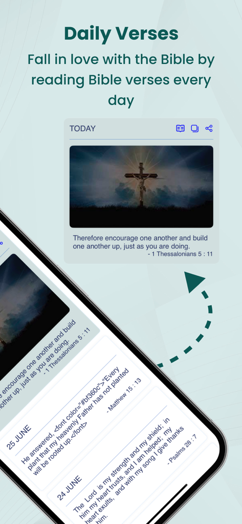 Interface of the Catholic Bible app showing the daily verses feature with inspirational scripture cards