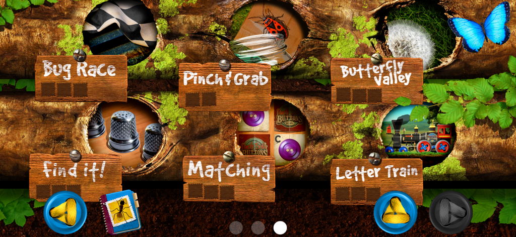 Activity selection screen in the Bugs and Buttons educational app featuring nature themed games on a wooden background