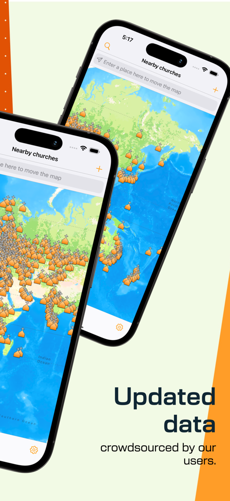 Catholic Mass Times app interface showing a world map with numerous church location pins and crowdsourced data notification.