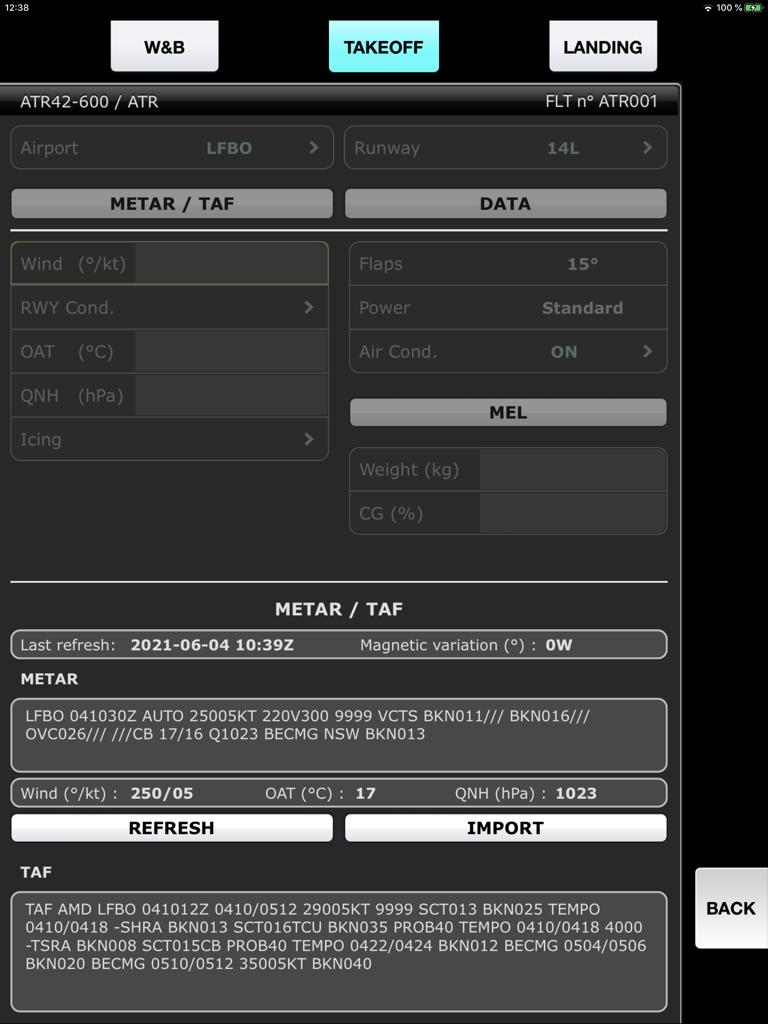 SPS - ATR aircraft performance - Screenshot of the ATR aircraft performance app showing takeoff data and METAR weather reports on an iPad interface