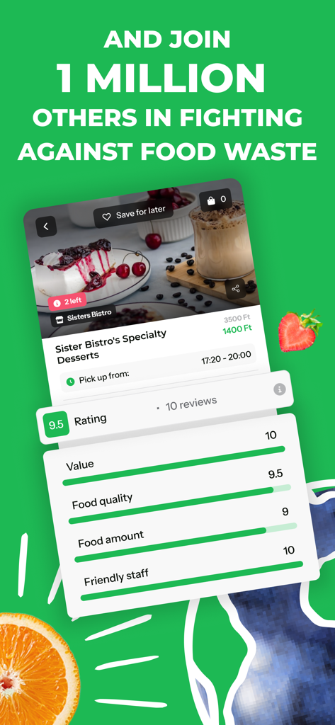 Munch app screen showing a one million user milestone and high ratings for value and food quality on a bistro dessert deal