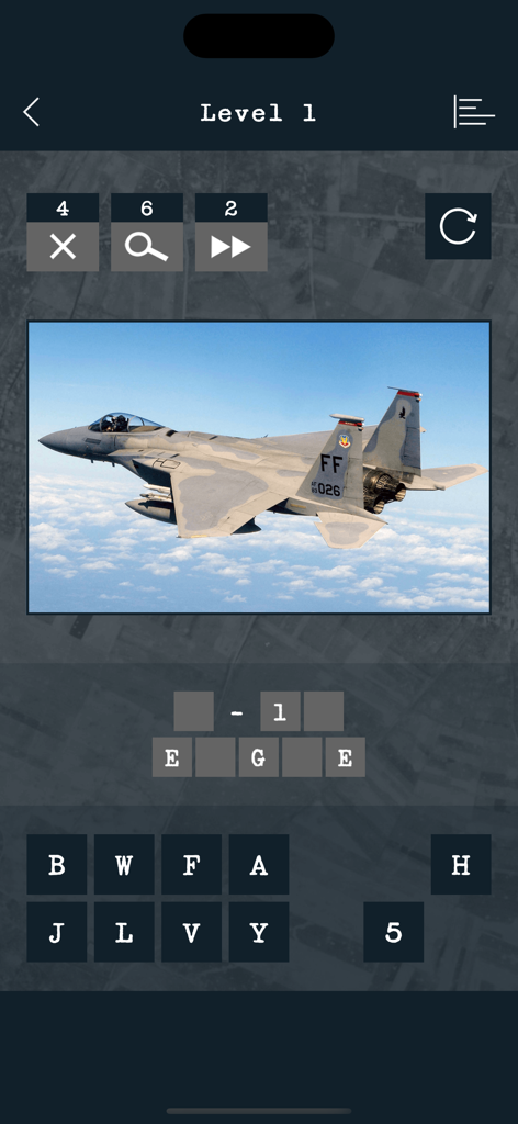 A quiz level in Guess the Modern Aircraft app featuring a photo of an F-15 Eagle fighter jet