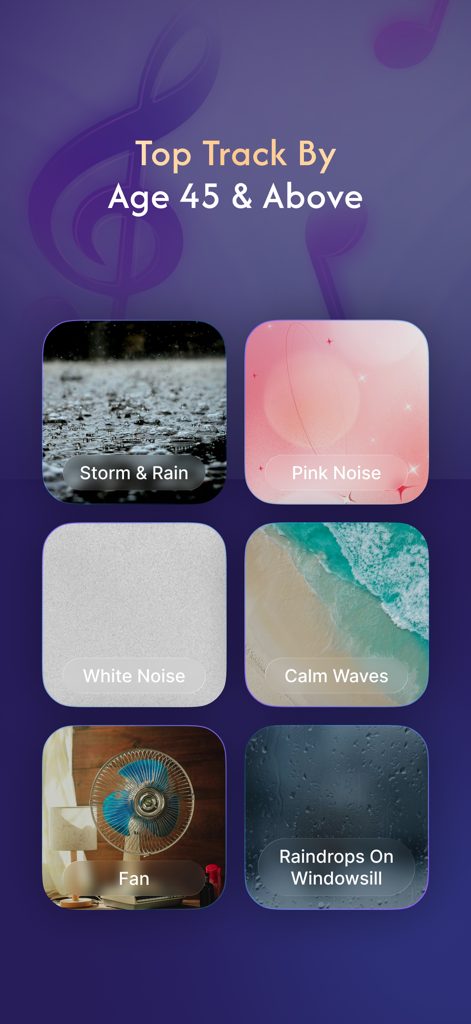 White Noise ASMR Sleep Sounds - Pantalla de la aplicación que muestra las mejores pistas de sonido para dormir para mayores de 45 años, incluyendo lluvia, ruido rosa y ventilador.