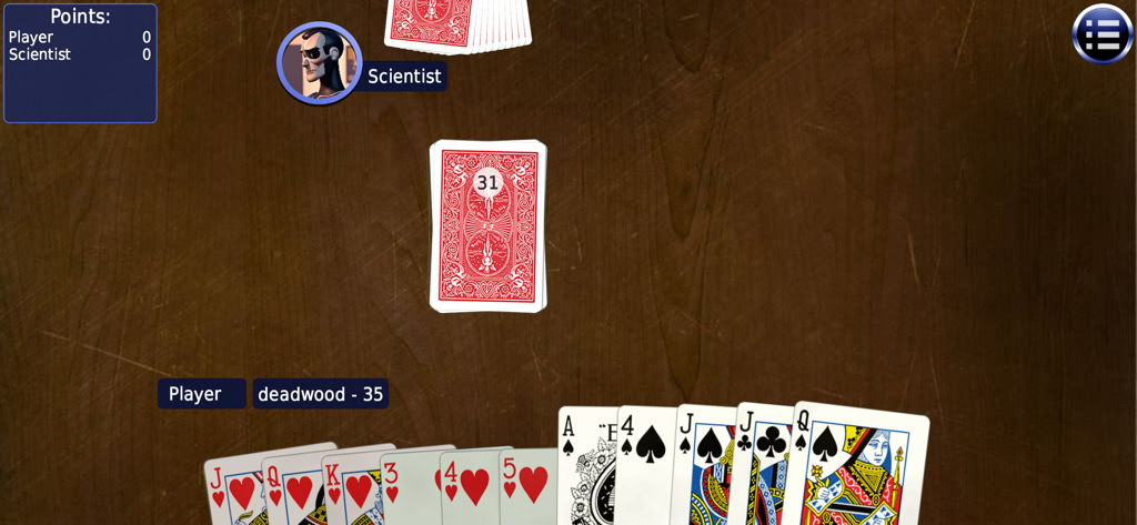 Board and card games - Mobile screenshot of a traditional card game with digital playing cards on a wooden table background
