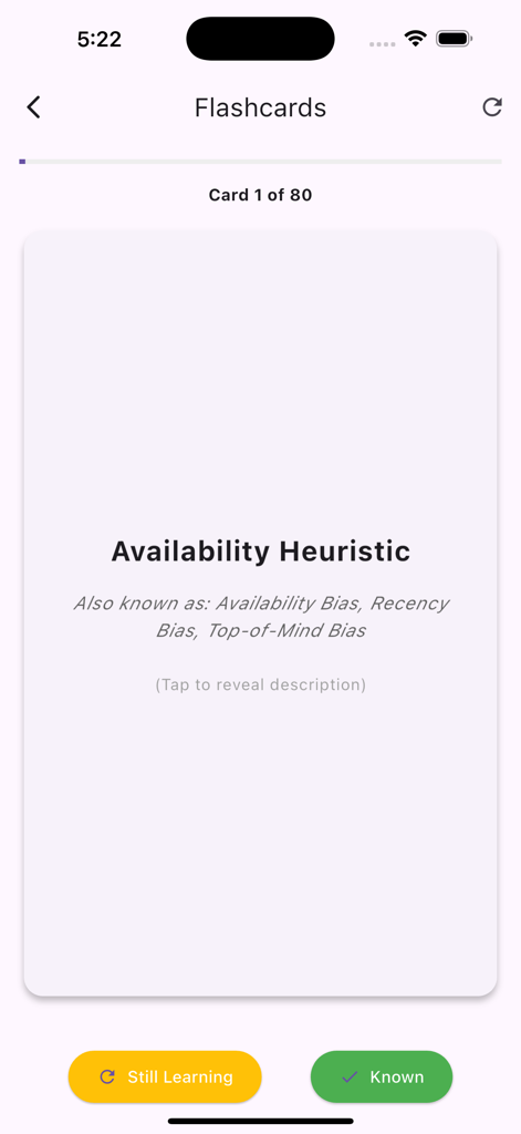 Cognitive Clarity app flashcard interface showing the Availability Heuristic bias for study