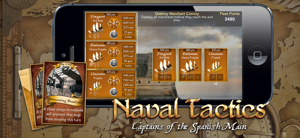 Naval Tactics - Naval Tactics mobile game screen showing ship stats and tactical broadside cards