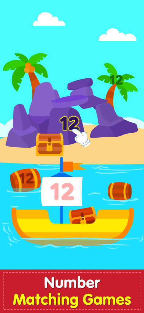 123 Number Math Games for Kids - Una pantalla de juego de matemáticas preescolar con temática pirata donde los niños emparejan el número doce en rocas, barriles y un bote.