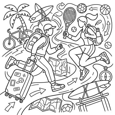 Get ready for an exciting journey with this unique coloring page that combines the thrill of sports with the joy of vacation. Its minimalist line art style provides a clean canvas for your creativity, perfect for unwinding and dreaming of your next adventure.