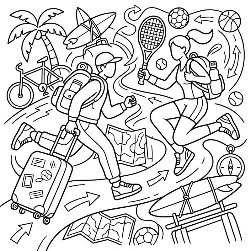 Get ready for an exciting journey with this unique coloring page that combines the thrill of sports with the joy of vacation. Its minimalist line art style provides a clean canvas for your creativity, perfect for unwinding and dreaming of your next adventure.