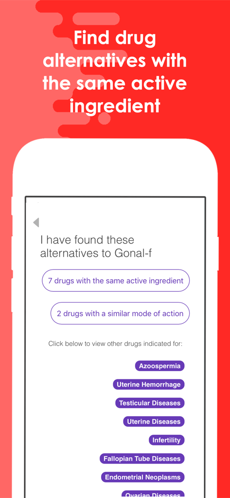 Drug Interaction Checker + - Écran de l'application MedTap affichant des alternatives médicamenteuses avec les mêmes ingrédients actifs