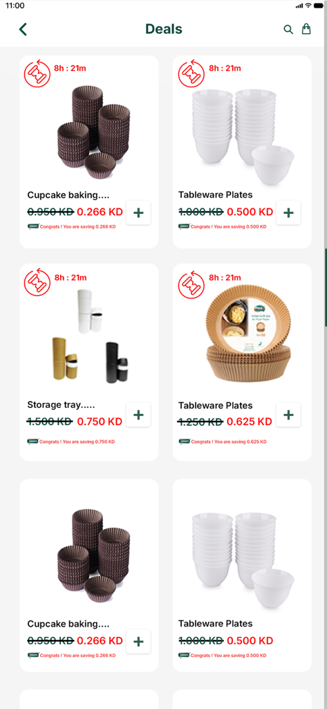 Akyas Packaging Solutions - Akyas app Deals screen displaying discounted cupcake liners and tableware plates