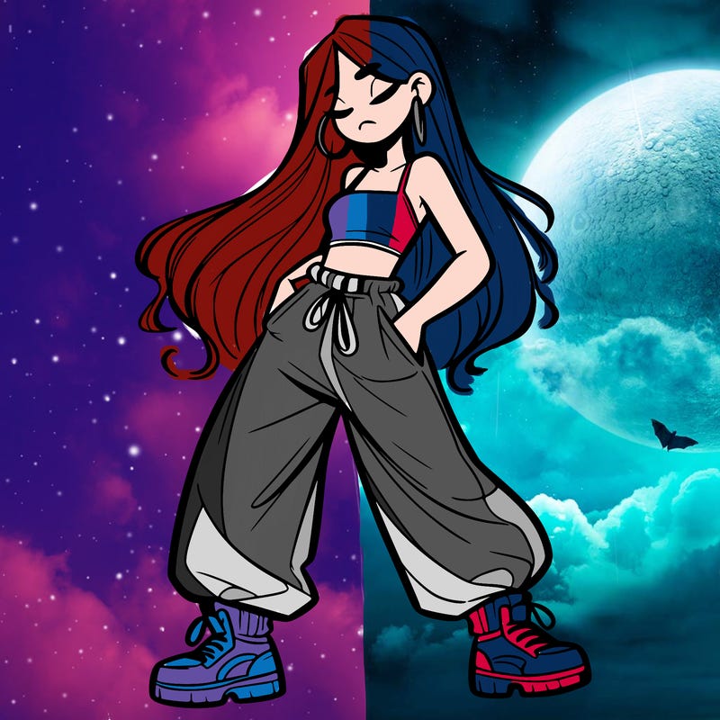 girl in baggy pants crop top and long hair