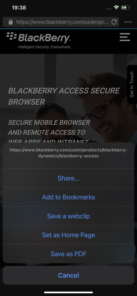 BlackBerry Access - BlackBerry Access secure mobile browser menu showing options like Share, Add to Bookmarks, and Save as PDF