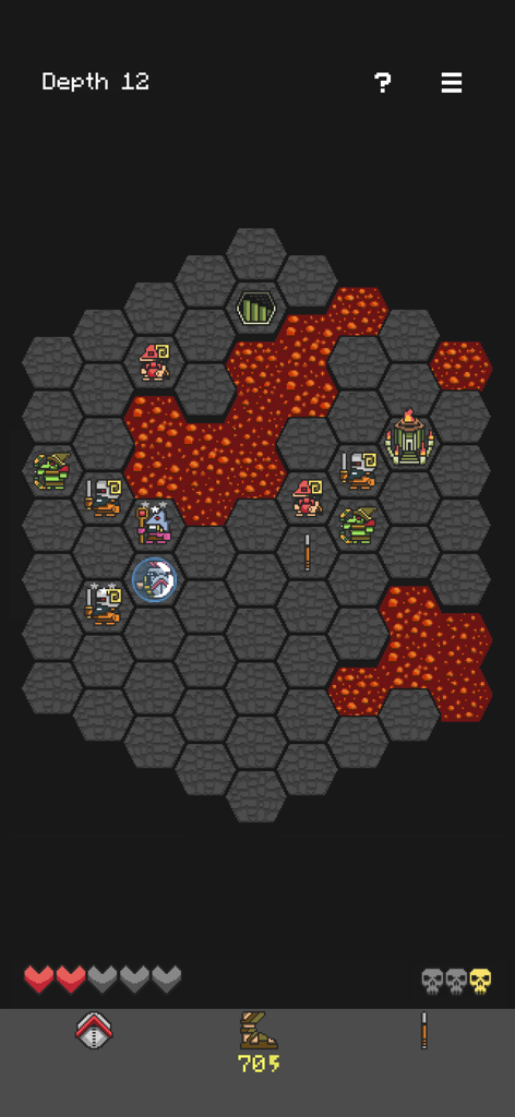 Hoplite - A top-down view of Hoplite gameplay featuring a hexagonal grid map with pixel art characters and lava pools