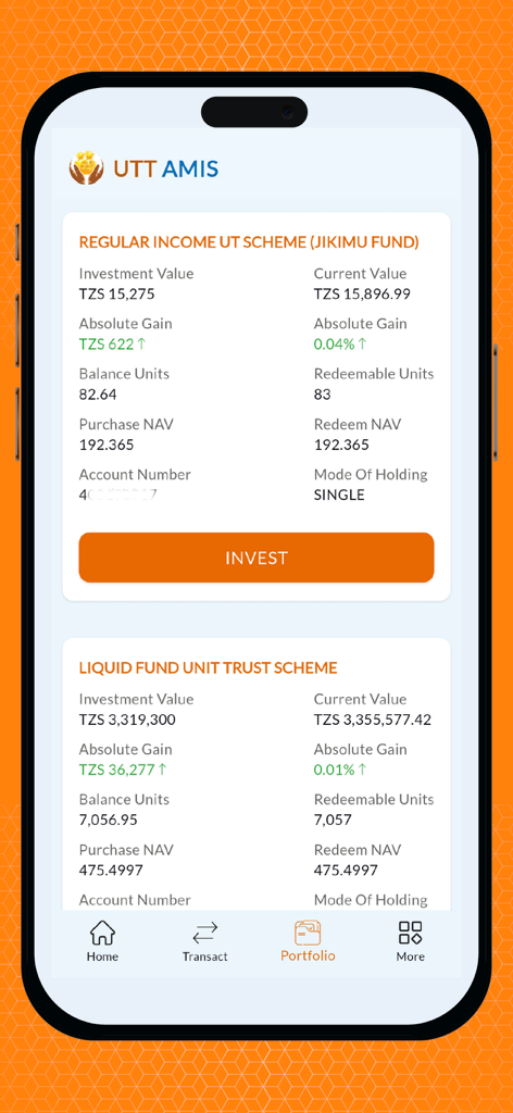 UTT AMIS - Portfolio dashboard of the UTT AMIS app showing Tanzanian investment fund details
