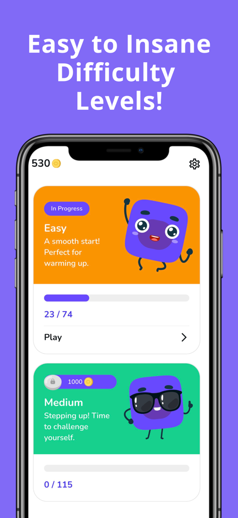 Mobile game screen showing easy and medium difficulty levels for rebus puzzles with progress bars and colorful characters.