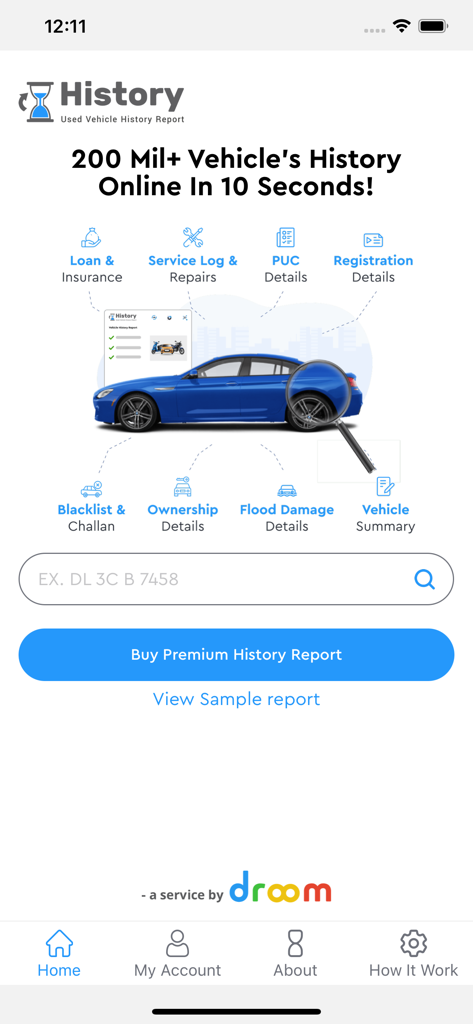 History:Check Vehicle History - 차량 보고서 카테고리와 등록 번호 검색 필드를 보여주는 Droom History 앱의 홈 화면