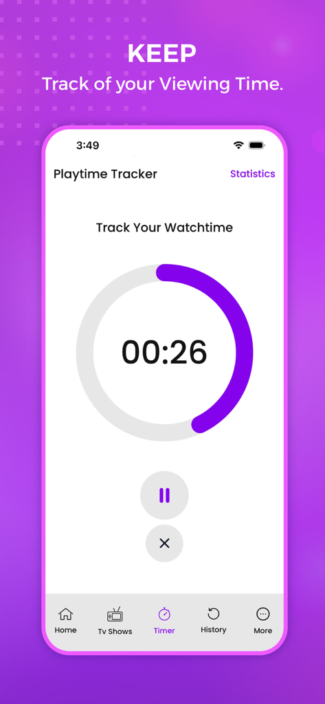 Eine mobile App-Oberfläche, die einen Wiedergabezeit-Tracker für Filme und TV-Sendungen anzeigt.