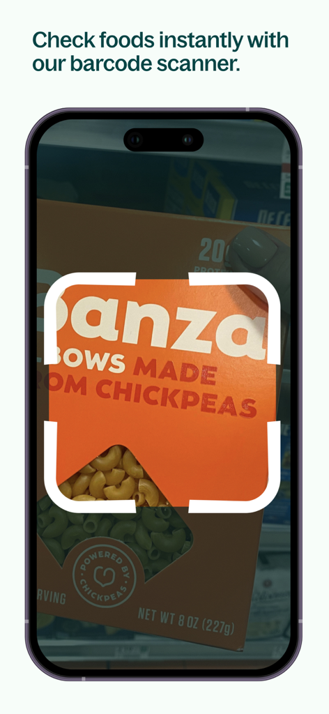Spoonful: Food Scanner - Smartphone interface of Spoonful app scanning a box of chickpea pasta at a grocery store