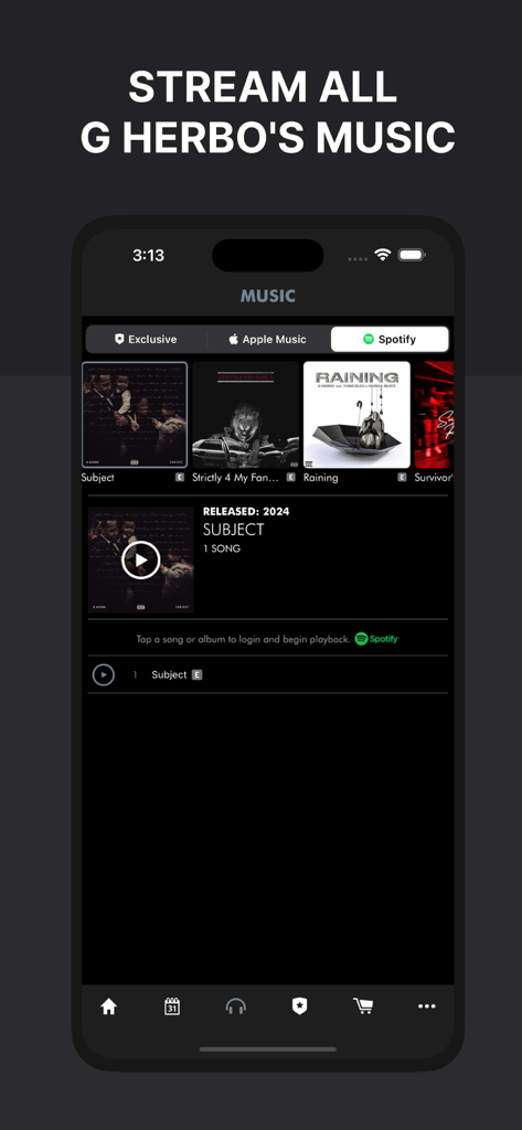 G Herbo Official App music section showing integrated streaming with Spotify and Apple Music