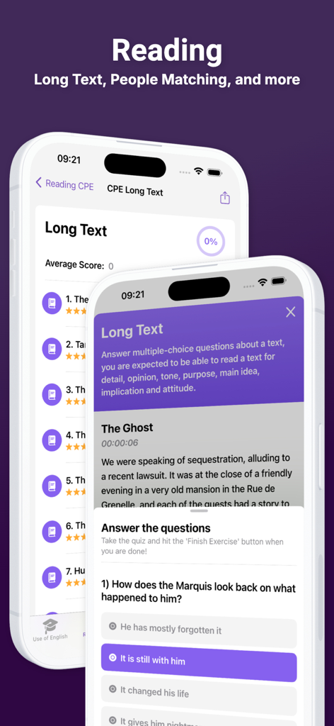 Use of English PRO - Reading comprehension exercises for the CPE exam within the Use of English PRO app interface