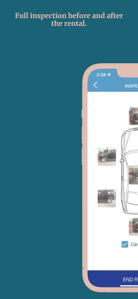 Zippy App - Zippy App car inspection screen with vehicle photos and top-down diagram for rental security