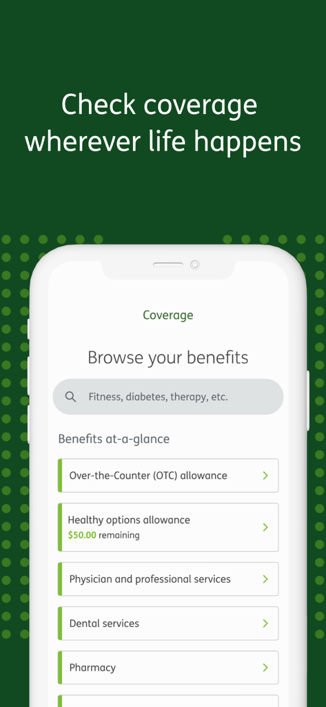 MyHumana - Interfaz de la aplicación móvil MyHumana que muestra la cobertura y los beneficios del seguro de salud de un vistazo