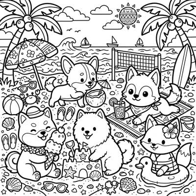 Get ready for an adorable summer adventure with these charming kawaii canines! This delightful coloring page features cute dogs and foxes enjoying a fun-filled day at the beach.