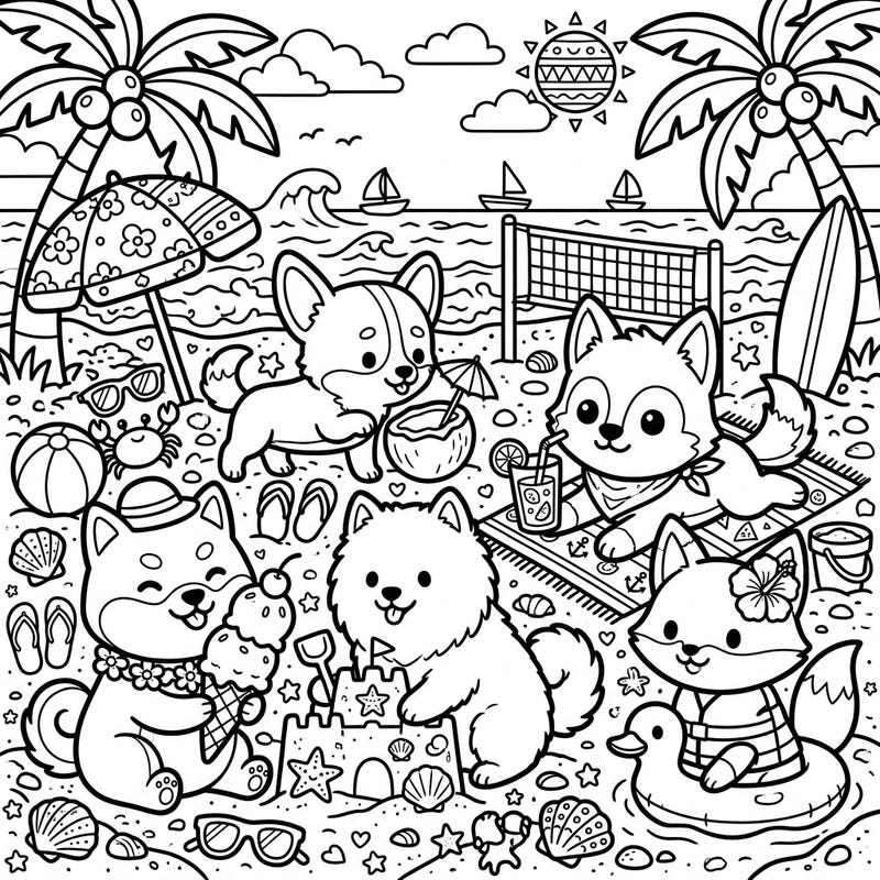 Get ready for an adorable summer adventure with these charming kawaii canines! This delightful coloring page features cute dogs and foxes enjoying a fun-filled day at the beach.