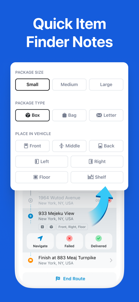 enRoute Delivery Route Planner - enRoute app interface showing package organization notes including size type and vehicle location