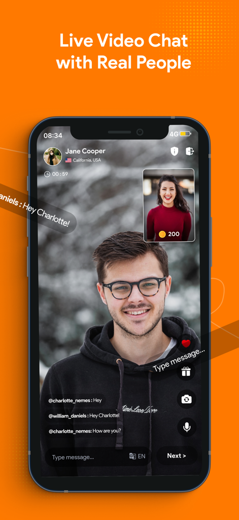 Hooked On Dating Local App - Una pantalla de smartphone que muestra la función de chat de vídeo en vivo de la app Hooked On Dating con dos usuarios interactuando.