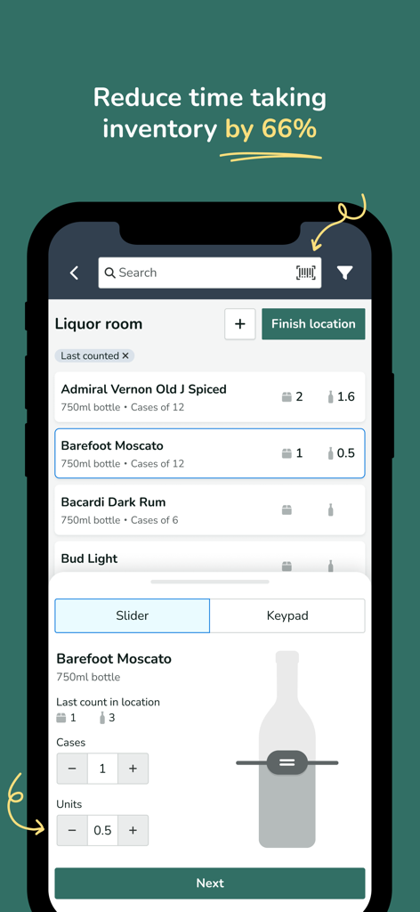 Backbar - Backbar app interface showing a mobile screen for counting liquor inventory in a bar