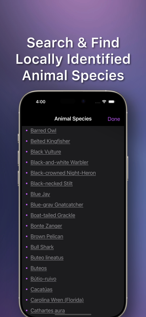 FL Parks: Map & Guide - A list of locally identified animal species in Florida state parks displayed on the FL Parks app.