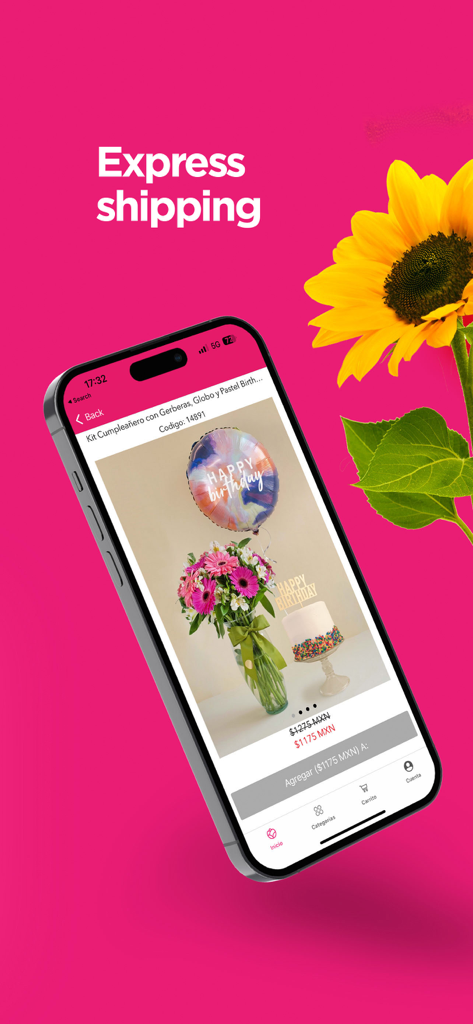 Interfaz de la aplicación móvil de Enviaflores que muestra un kit de flores y regalo de cumpleaños con opciones de envío exprés.