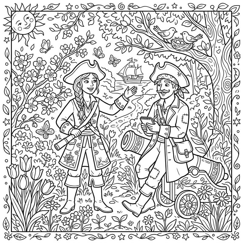Dive into a lively spring scene where adventurous privateers explore a blooming garden. This captivating coloring page combines historical charm with the freshness of the season, perfect for creative minds.