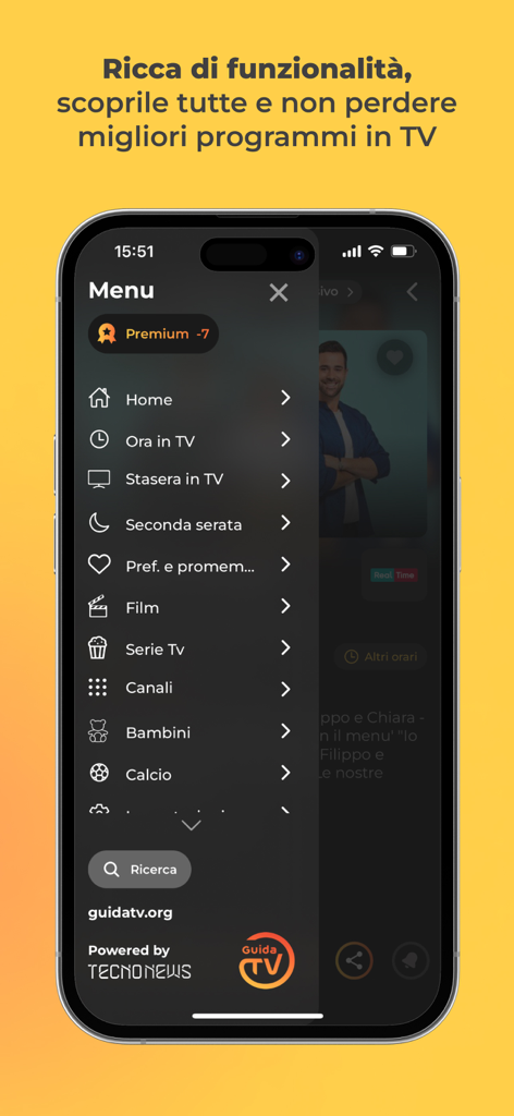 Guida Programmi TV - Pantalla de smartphone que muestra el menú lateral de la aplicación Guida Programmi TV con categorías como Películas, Series y Fútbol.